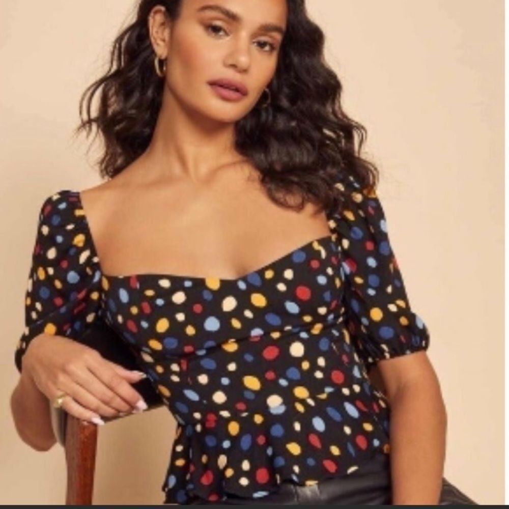 Reformation Polka Dot Cropped Puff Sleeve Top